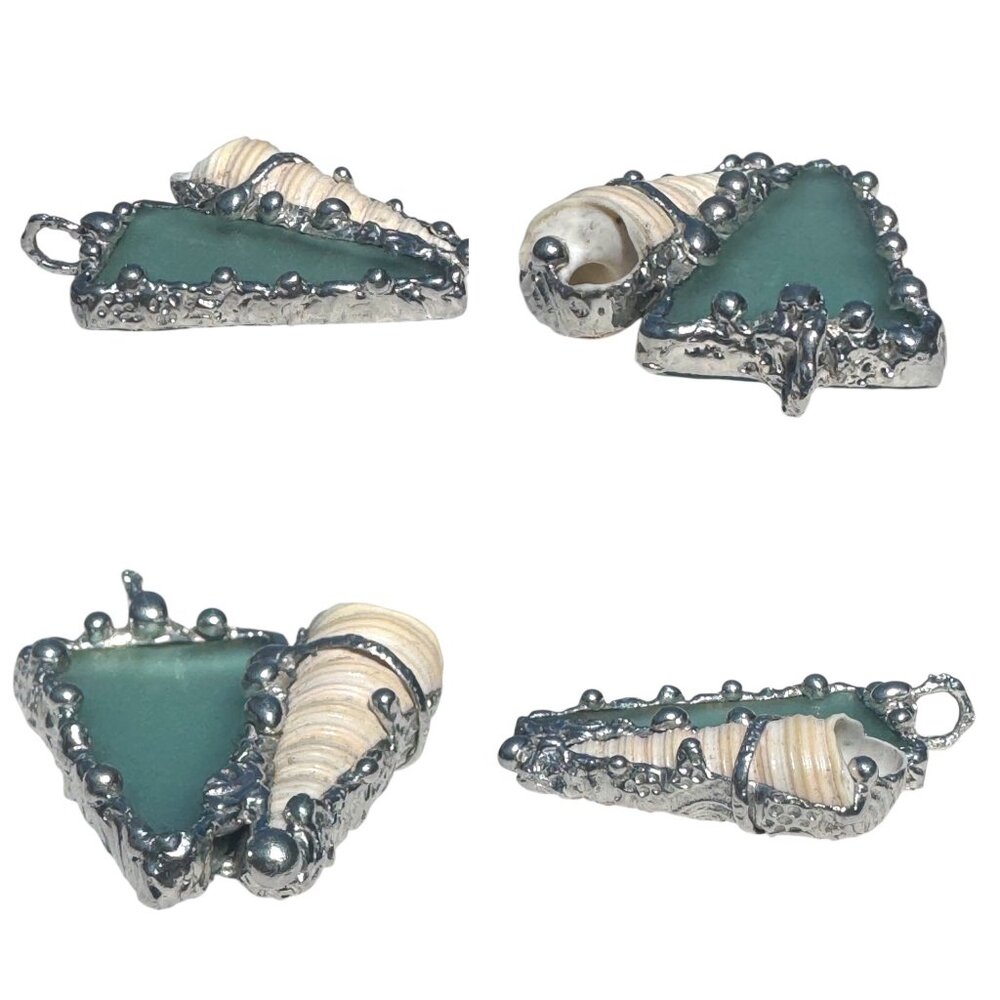 Sea Glass and Conch Pendant Encased with Intricate Artisan Boho Style Metalwork - Picture 11 of 14